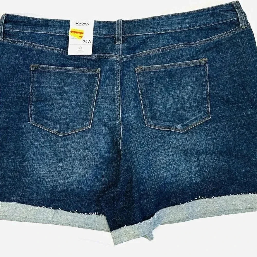 NWT SONOMA Women High Rise Blue Rolled Cuff Distressed Denim Shorts Plus 24W - Picture 2 of 4